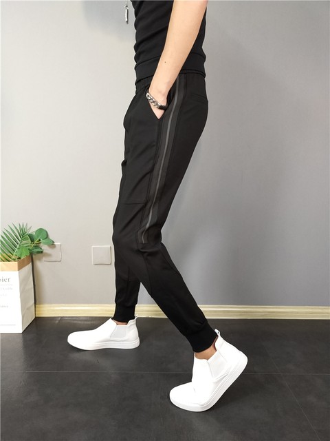 2023 Spring and Autumn Men's Casual Pants Trend Black Stitching Slim Leggings Elastic Beam Pants Harem Pants Men
