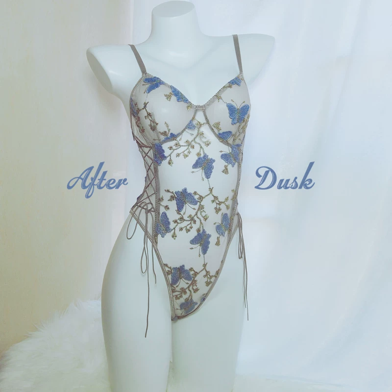 [Clear Stock] Jade Butterfly Embroidered Jumpsuit Женские сексуальное бабочка вышивка комбинезон верхняя одежда пижама прозрачная внутренняя эластичная