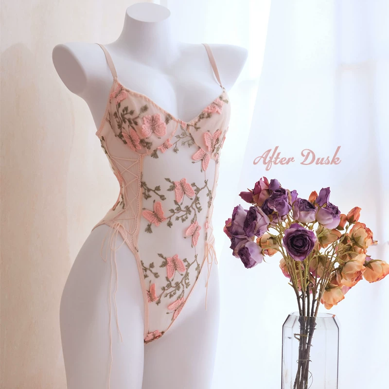 [Clear Stock] Jade Butterfly Embroidered Jumpsuit Женские сексуальное бабочка вышивка комбинезон верхняя одежда пижама прозрачная внутренняя эластичная