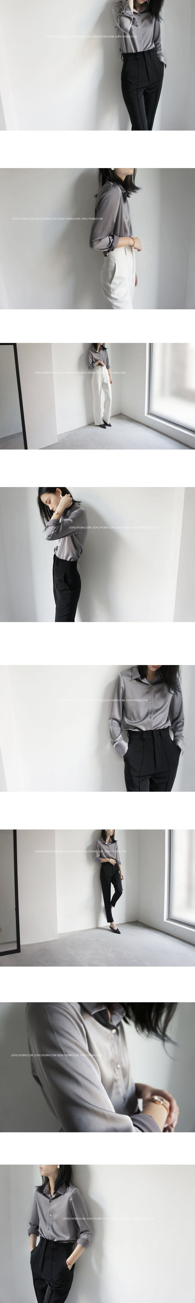 JO-JO-Z độc quyền lụa satin satin màu xám dài tay áo dài khí chất OL thời trang mặc áo blouse áo sơ mi nữ cổ trụ
