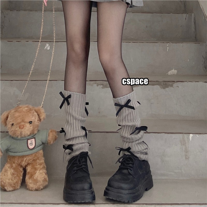 Korean-Style Ballet-Style Calf Socks for Leg Shaping, Dark Gray Knitted Slouch Socks, Black Bow Leg Warmers