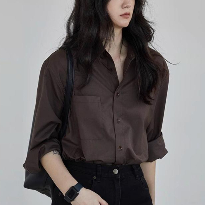 Dark Brown Shirt for Women, Spring and Autumn New Style, Korean Version, Unique Top, Vintage Hong Kong Style, Loose Long-Sleeved Cotton Shirt