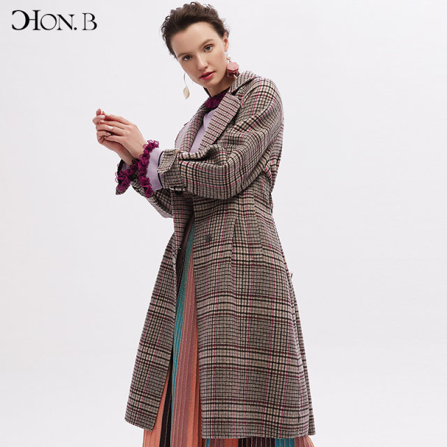 HONB Red Beti Autumn and Winter New Mid-Length Plaid Wool Coat Fashionable Slim Warm Long-Sleeved Coat for Women