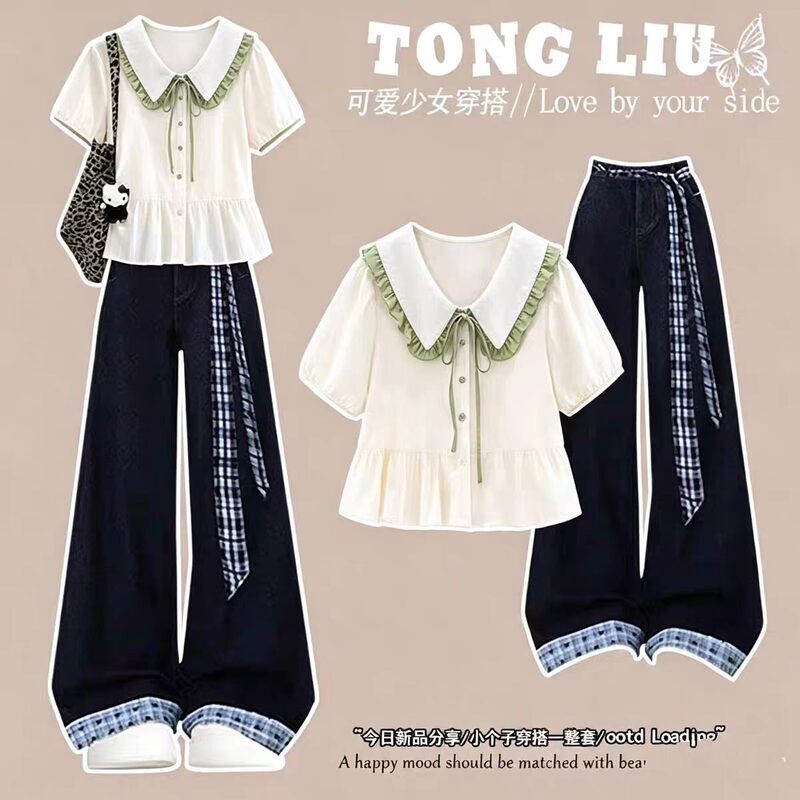 Summer Student Dopamine Sweet Cool Lapel Short-Sleeved T-Shirt Top Junior High School Student Girl Jeans Two-Piece Set Summer Student Dopamine Sweet Cool Lapel Short-Sleeved T-Shirt Top Junior High School Student Girl Jeans Two-Piece Set