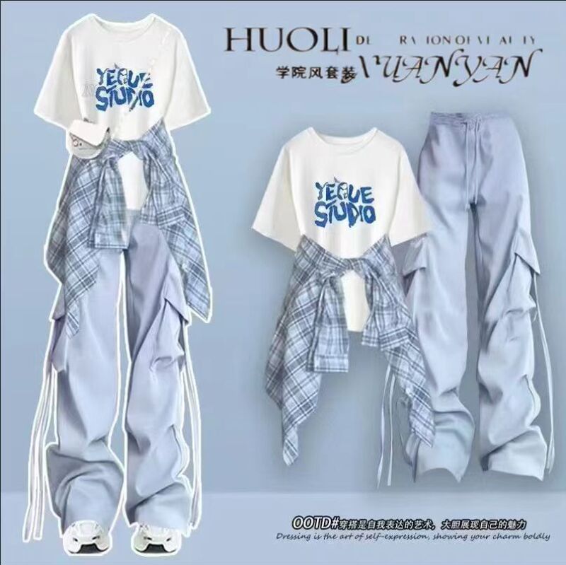 Summer New Dopamine Style Outfit, Age-Reducing Fashion Set, Short-Sleeved T-Shirt + Trendy Cargo Pants Three-Piece Set