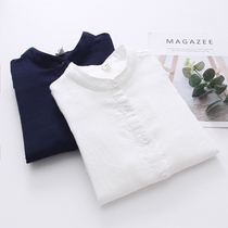 White shirt womens 2021 spring new literary style pure cotton shirt small fresh stand-up collar double cotton yarn long-sleeved base