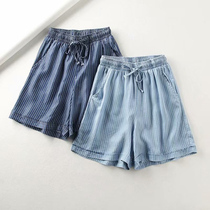 Summer New Korean version of thin section Striped Elastic Waist Butterfly Knot Lace Tidenim Jeans 50% Pants Women Shorts Broadleg Hot Pants