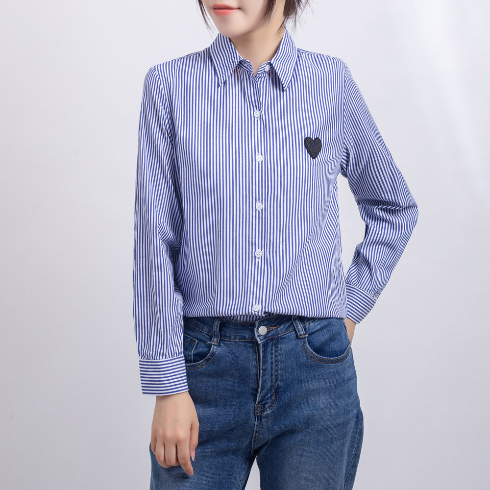 2021 springtime Korean version loose color cotton shirt woman fit 100 lap vertical striated loving cloth with long sleeves inside lap shirt