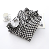 Velvet plaid shirt womens 2021 winter new small fresh plaid shirt fungus collar lace thickened base shirt