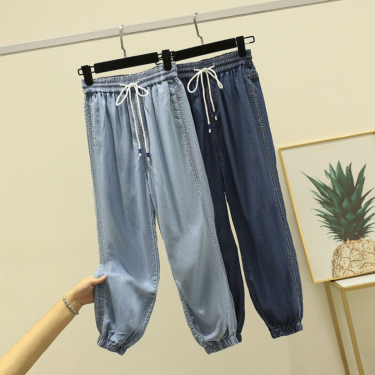 2022 Summer Tencel Lightweight Jeans Women's Loose Harem Pants Ninth Pants Elastic Waist Corset Pants Lob Pants Thin