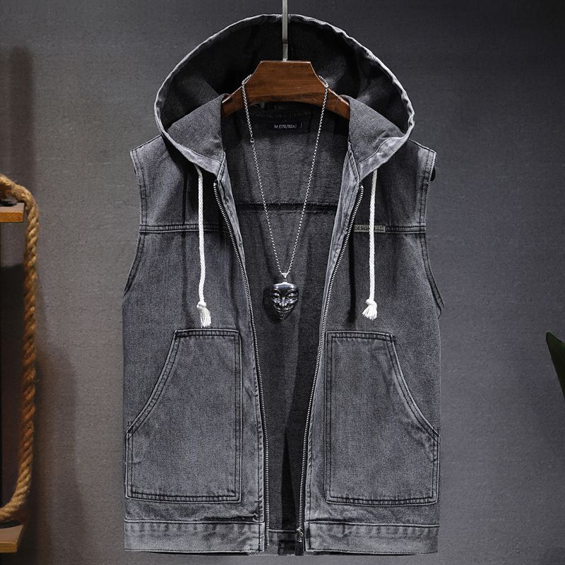 Spring and Summer Versatile Hooded Denim Vest for Men, Loose Sleeveless Bf Style Hooded Vest, Outerwear Jacket Spring and Summer Versatile Hooded Denim Vest for Men, Loose Sleeveless Bf Style Hooded Vest, Outerwear Jacket