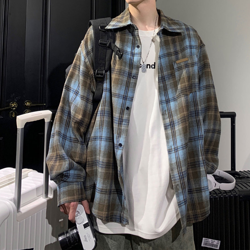 Plaid Shirt for Men, Long-Sleeved, Spring and Autumn, High-End, Cool and Loose-Fitting Shirt, American Retro Style, Student Inner Wear Jacket