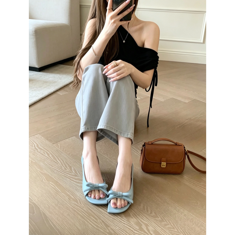 Soft Sheepskin~Genuine Leather French-Style Bowknot Backless Sandals for Women, New Summer Model with Square Toe, Open Toe, and Thin High Heels