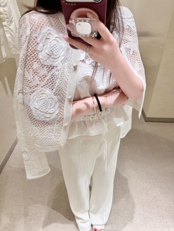 Chris Chanel-Style Lace Hollow-Out Jacket Camellia Lace Cardigan Spring and Summer Elegant Knitwear