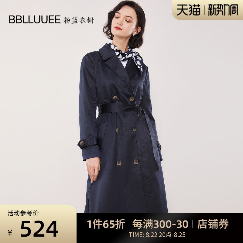 BBLLUUEE Powder Blue Closet Spring Fall Refute Collar Double Row Buckle Lace Fashion Windsuit Jacket Woman