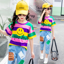 Girls summer set 2021 New Net Red foreign gas Summer Girls big children short sleeve clothes Primary School jeans