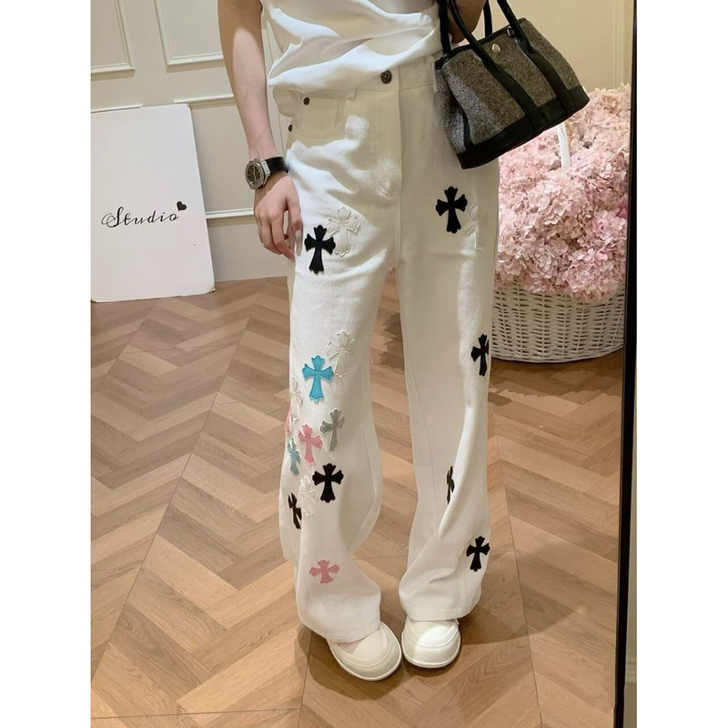 American High Street Style Cross-Stitch Leather Patchwork Straight White Jeans for Women 2026 New Loose Wide-Leg Floor-Length Pants