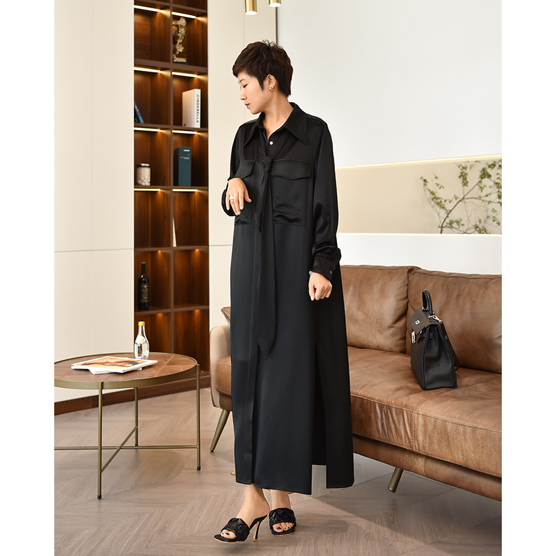 The small crowd to customize the heavy-pound acetate fabric for self-wearing, and Xu Qiuqiu long dress shirt-style foreign dress