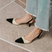 Giant Joker Fashionable retro style black and white color color Baotou back empty Sandals leather thin heel pointed single shoes women