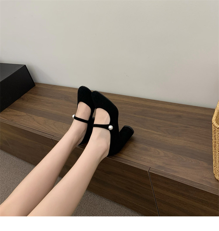 Туфли Мэри Джейн 店主自留~！小众珍珠一字扣带粗跟单鞋法式高跟赫本鞋玛丽珍鞋女