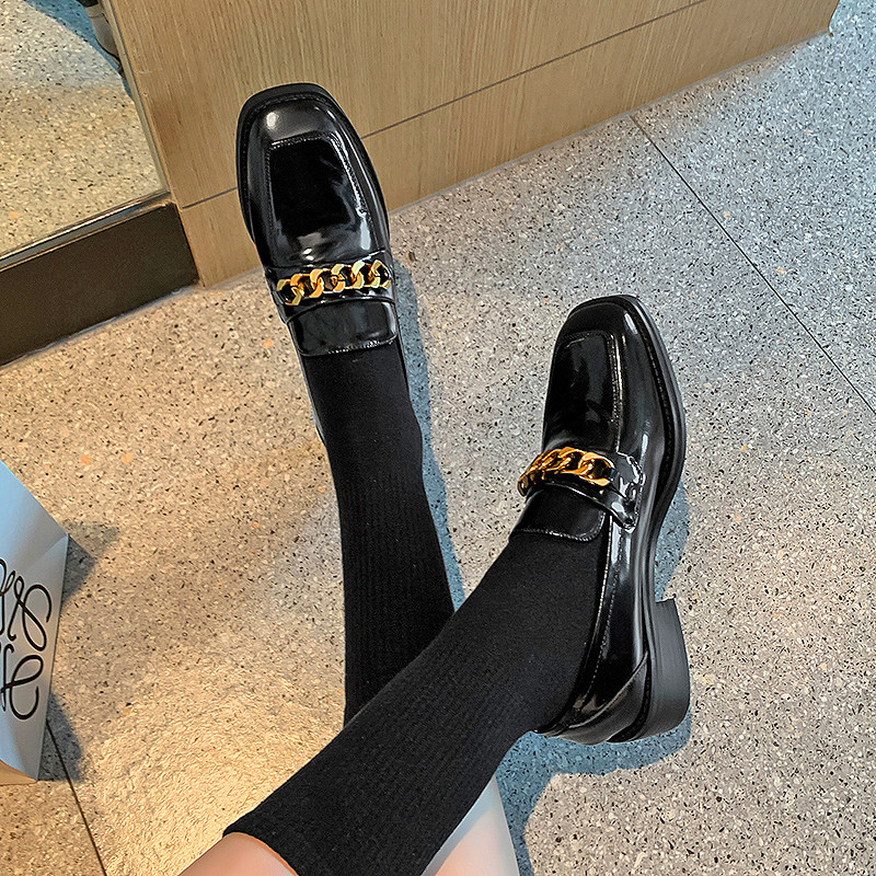 ins self-reserved dark black college wind ~ metal chain heel for casual Mueller single shoe genuine leather lefu shoes woman