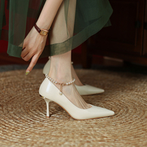Advanced version Giant Comfort Super Beautiful White Pointed Fine Heel Pearl Genuine Leather Single Shoe Style Temperament High Heel Shoe Woman