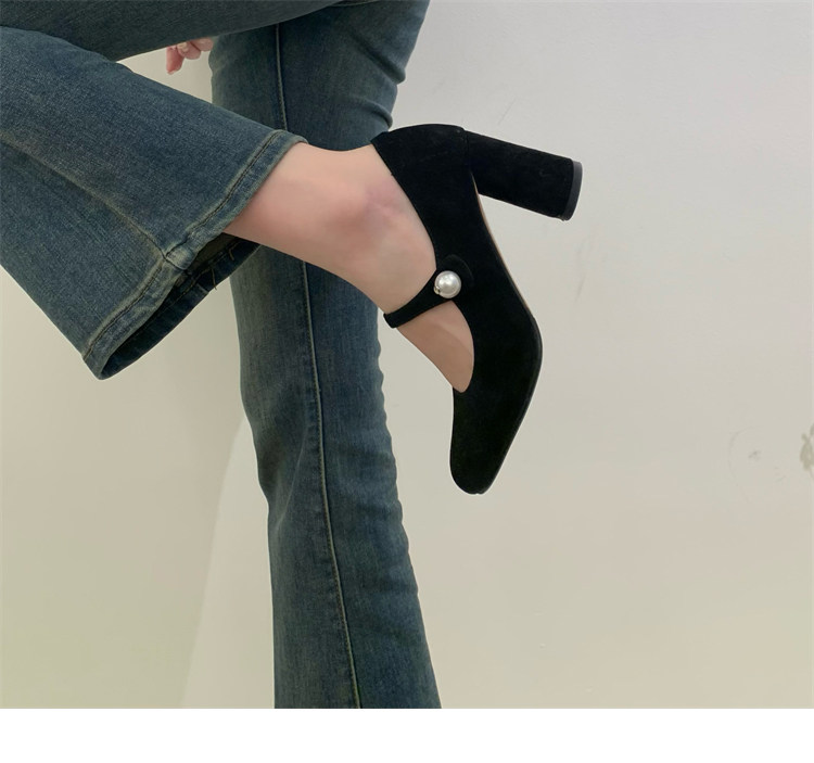 Туфли Мэри Джейн 店主自留~！小众珍珠一字扣带粗跟单鞋法式高跟赫本鞋玛丽珍鞋女