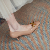ins strong push soft soft soft nude patent metal buckle square head thin heel shallow single shoe OL temperament high heels