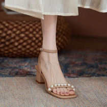 Classic self-retaining giant beautiful ~ French pearl buckle thick heel middle heel open toe Roman sandals womens shoes