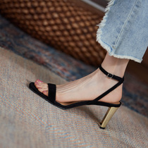 ins self-retained minimalist versatile ~ metal high-heeled word with square head open-toed sandals rough-heeled Roman shoes women