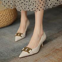 Small crowd light luxury ins Super fire ~ net red metal button tip thin heel shallow single shoes Joker Roman high heels women