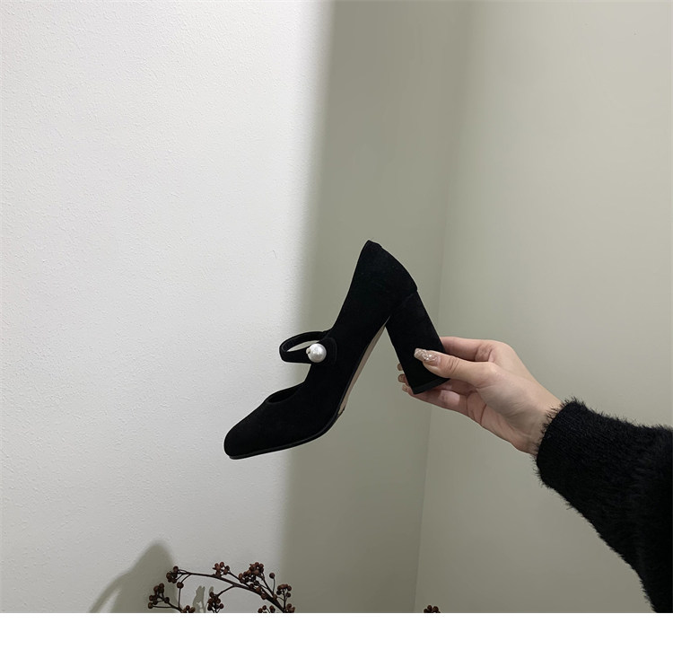 Туфли Мэри Джейн 店主自留~！小众珍珠一字扣带粗跟单鞋法式高跟赫本鞋玛丽珍鞋女