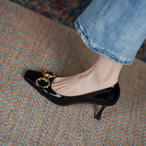 ins push huge comfortable ~ retro square head cow patent leather temperament high heels Joker shallow mouth thin heel single shoes women