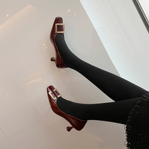 Roar Strong Push High quality Classic Party Buckle Fine Heel Genuine Leather Commuter High Heel Shoes Shallow square head Single shoe womens shoes