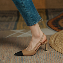 Minimalist design Classic small fragrant wind collage genuine leather back empty fine heel Single shoe temperament High heel Shoe sandal Female