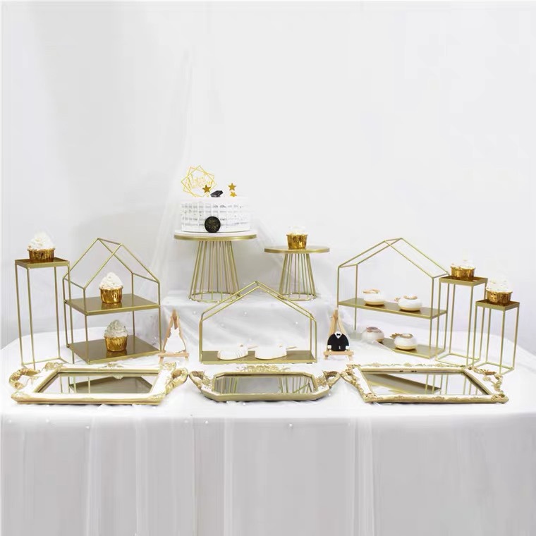Golden Wedding Dessert Table Display Stand Birthday Decoration Cake Snack Tray Stand Cold Meal Tea Break Display Stand