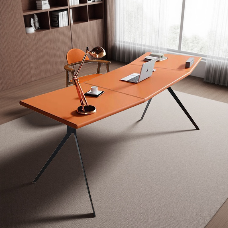 Italian Minimalist Desk Home Solid Wood Saddle Leather Special-Shaped Study Office Desk Designer Calligraphy Computer Desk