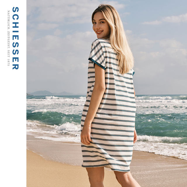 SCHIESSER Shuya 24 spring and summer new women's pure cotton striped round neck dress home nightgown 22406