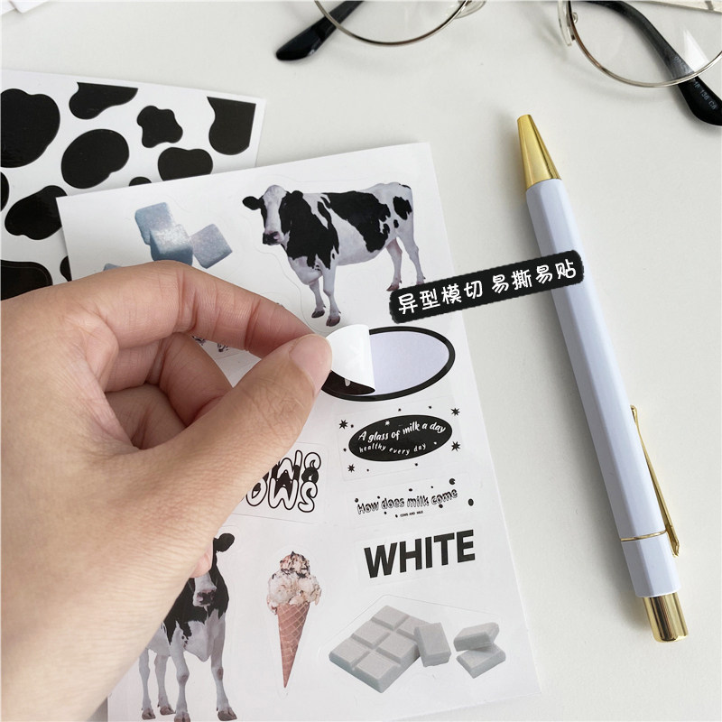 [USD 4.67] Korean insin milk cow tattoo milk English letter black and