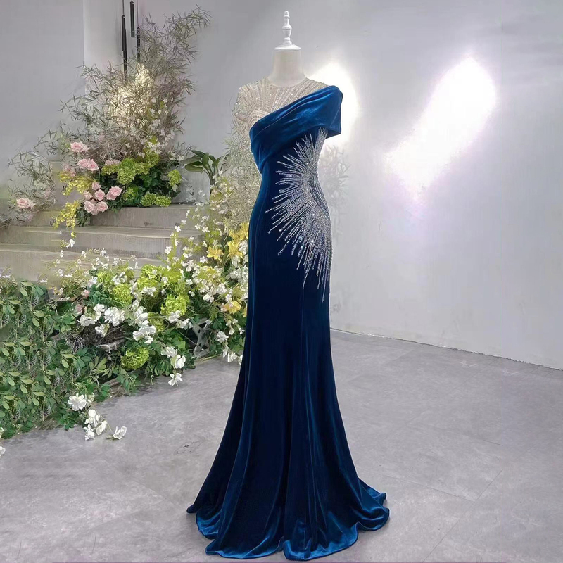 Blue Hostess Fishtail Evening Dress with Heavy Sequins for Coming-Of-Age Ceremony, Choir, Ethnic Vocal Arts Exam, Solo Performance