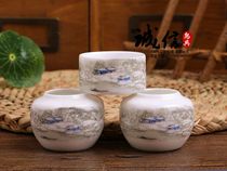 Lark Indigo chin bird food bowl hemp jade bird food jar Jingdezhen Food Tank white gray landscape pattern Bird Bowl