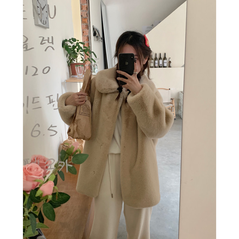 ThreeH small white bear green leather straw imitation ferret fur coat female winter turd collar loose fur coat-Taobao