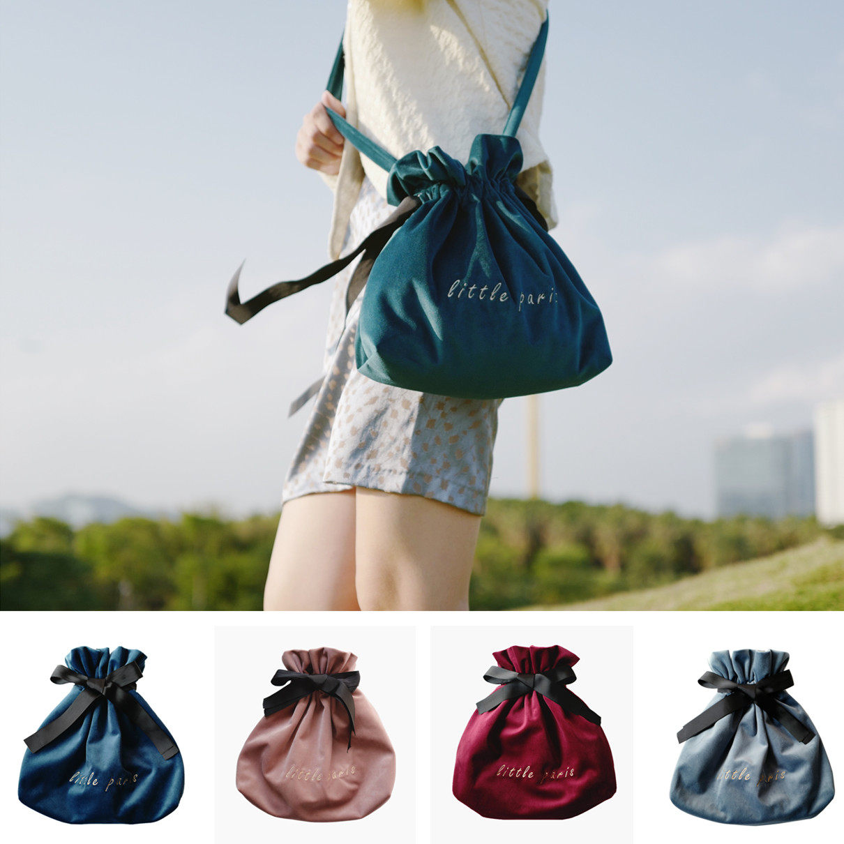 Little Paris Original Homemade Retro Velvet Embroidered Messenger Bag Silky Hand Bag Bucket Bag