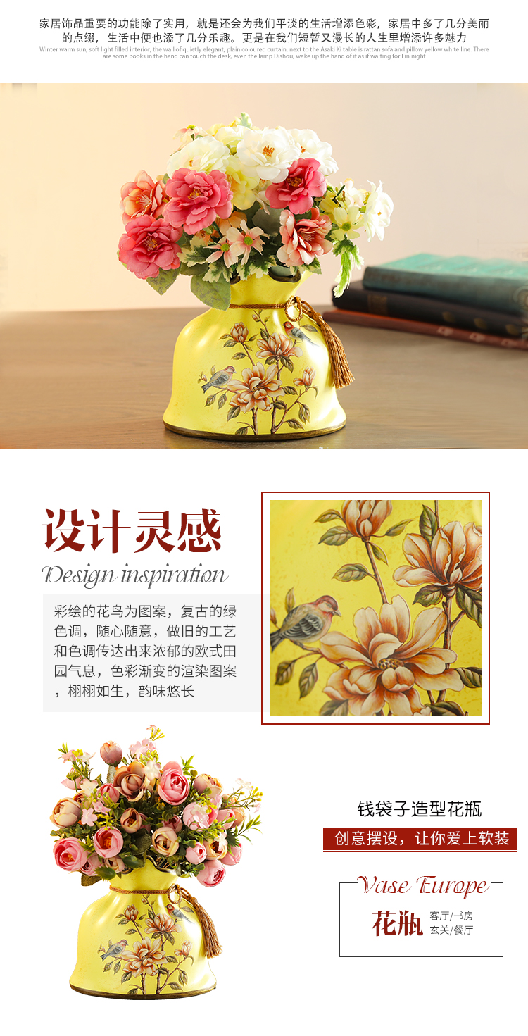 European rural creative ceramic purse simulation flower vase American retro floral living room table dry flower arranging flowers