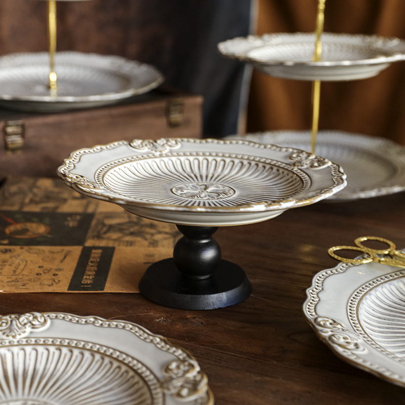 French Palace-Style Fruit Plate, Retro Wooden High-Footed Tray, Ceramic Snack Tea Tray, Candy Cake Snack Stand