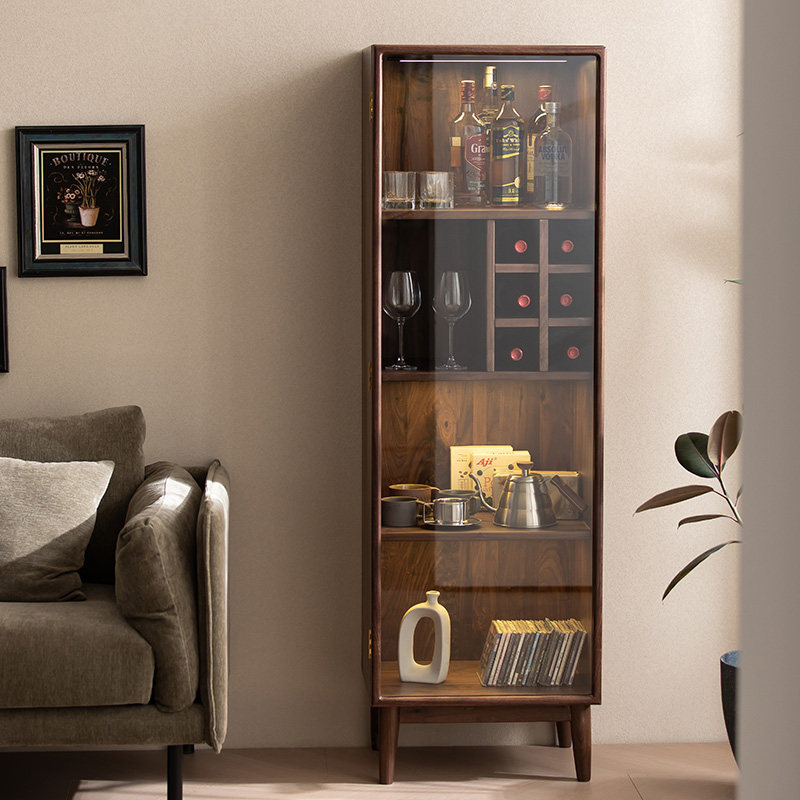 Black Walnuts Wood Wine Cabinet Modern Minima Solid Wood Leaning Against Wall Living-room Cabinet Display Cabinet Glass Door for a net red small wine cabinet