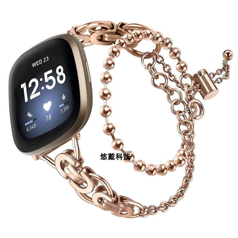 Suitable for Fitbit Versa3/Sense Smart Sports Watch Versa4 Metal Double Bead Chain Black Strap Suitable for Fitbit Versa3/Sense Smart Sports Watch Versa4 Metal Double Bead Chain Black Strap