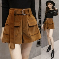 Mùa thu đông 2018 quần short len ​​mới của phụ nữ thường mặc quần ống rộng từ một chiếc quần cạp cao cạp cao mặc quần bốt đen quần short vải nữ hàn quốc