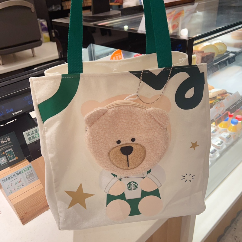Starbucks Star Companion Membership Bear Tote Bag Pet Cat Travel Portable White Canvas Handbag Shoulder Bag