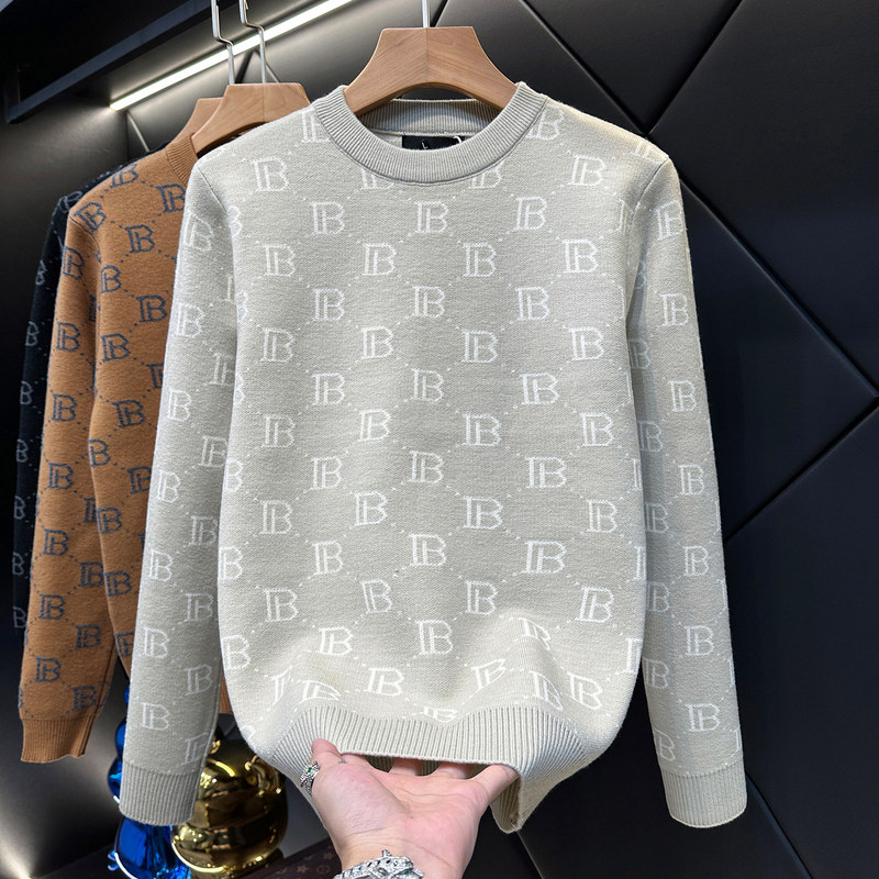 Trendy Brand Jacquard Knit Sweater for Men, Round Neck Slim Fit Base Layer, Full Floral Fashion, Autumn and Winter Warm Long-Sleeve Pullover
